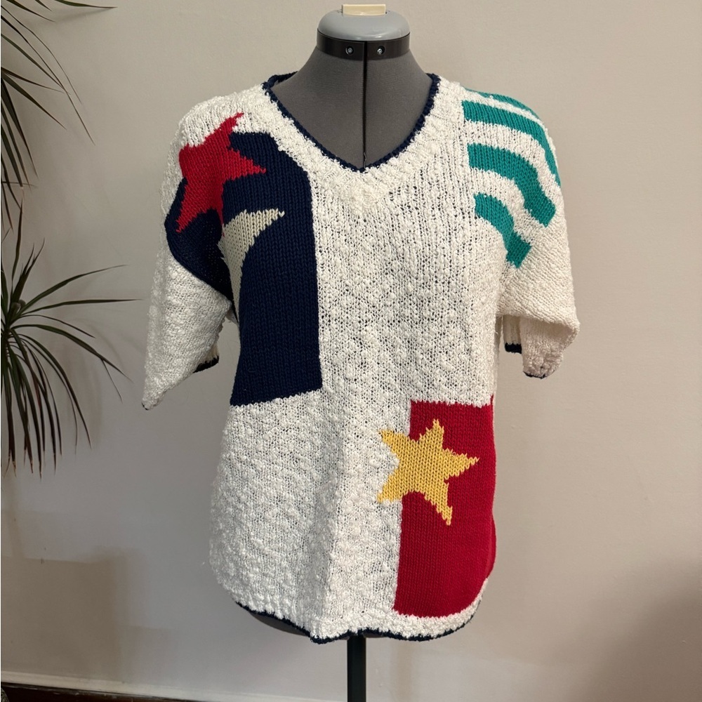 Vintage Koret V-Neck Sweater with Star and Stripe Design